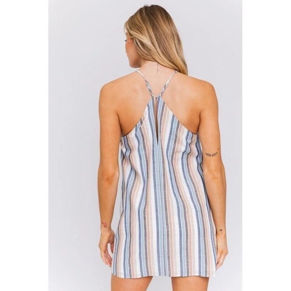 Le Lis Cassidy Stripe Halter Neck Dress Size Small Blue Taupe NWT‎